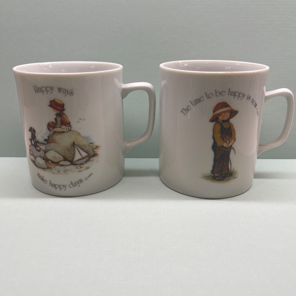 Vintage 70s Holly Hobbie Coffee‎ Mugs Cups Boy Robbie Hobbie Happy Quotes Japan
